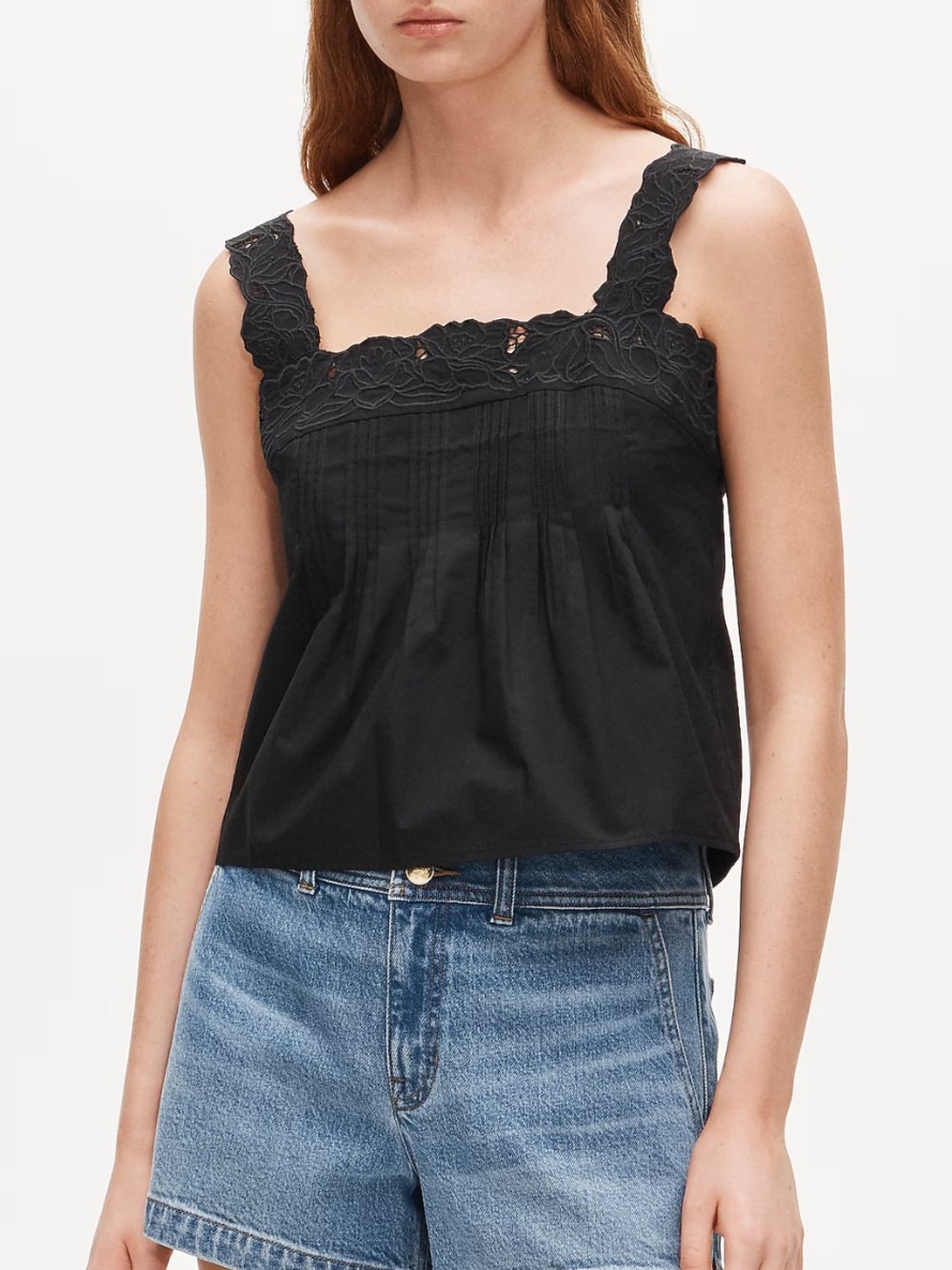 JCrew Women’s Lace-Trim Square Neck Poplin Tank Top - Black